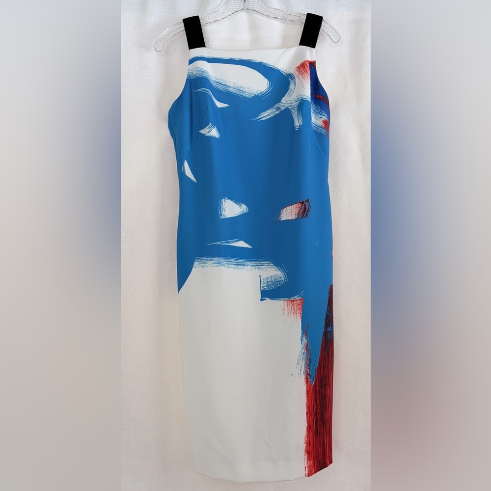 MILLY Lou Lou white sheath dress,modern blue/red abstract print.Size 6.Excellent